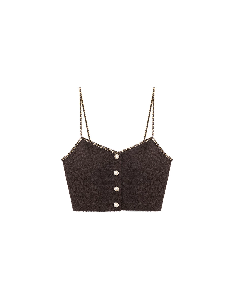 Gold Chain Strap V Neck Pearl Button Tweed Cami Crop Top Gold Chain Strap V Neck Pearl Button Tweed Cami Crop Top