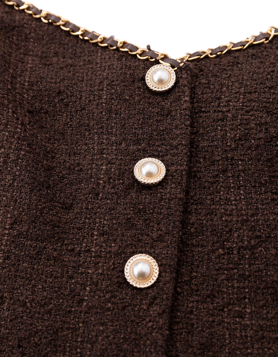 Gold Chain Strap V Neck Pearl Button Tweed Cami Crop Top Gold Chain Strap V Neck Pearl Button Tweed Cami Crop Top