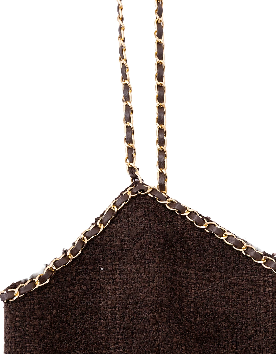 Gold Chain Strap V Neck Pearl Button Tweed Cami Crop Top Gold Chain Strap V Neck Pearl Button Tweed Cami Crop Top