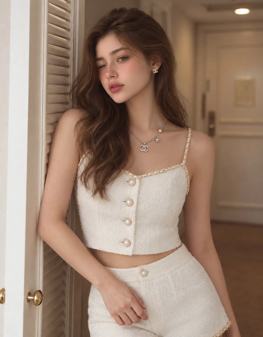 Gold Chain Strap V Neck Pearl Button Tweed Cami Crop Top Gold Chain Strap V Neck Pearl Button Tweed Cami Crop Top