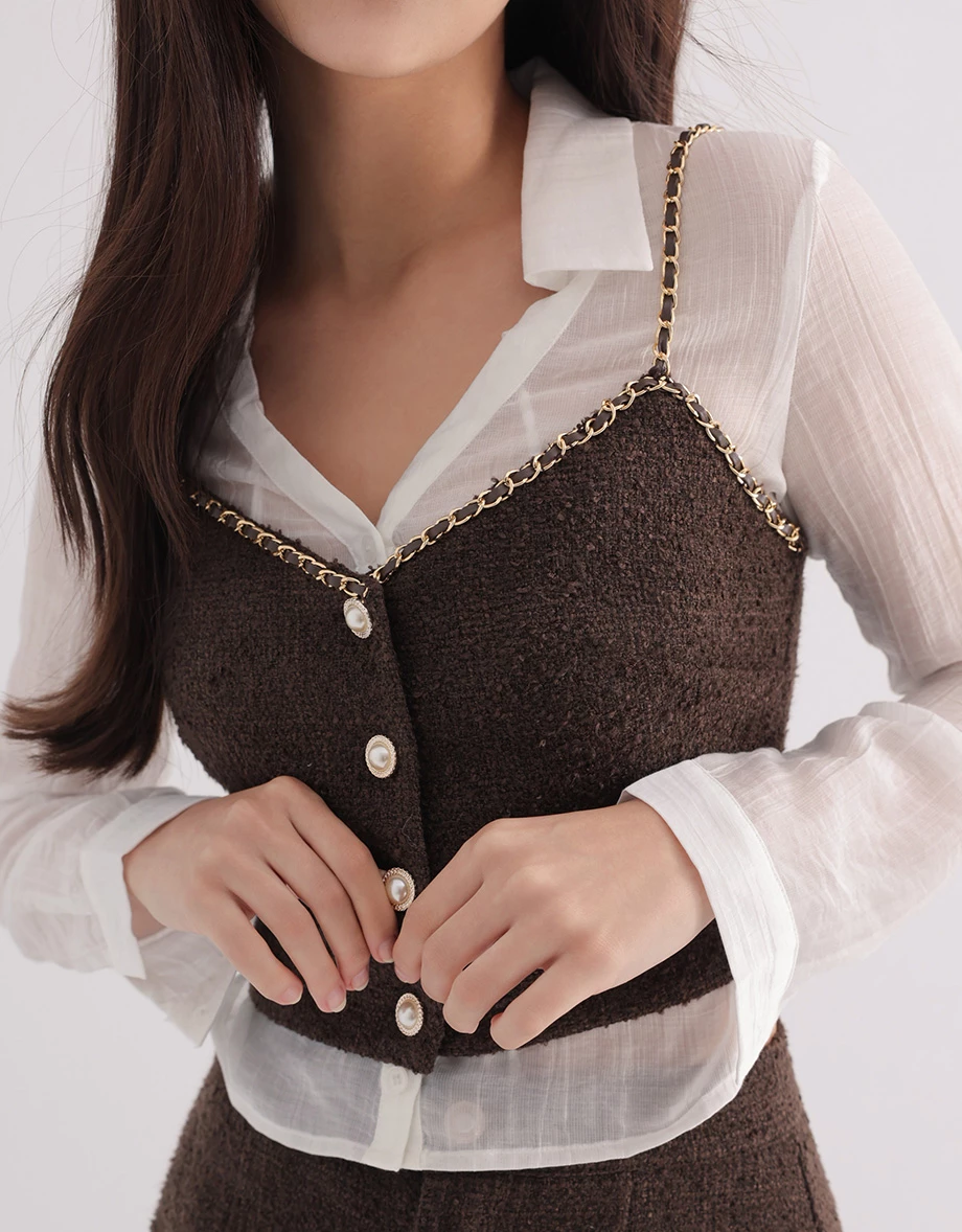 Gold Chain Strap V Neck Pearl Button Tweed Cami Crop Top Gold Chain Strap V Neck Pearl Button Tweed Cami Crop Top