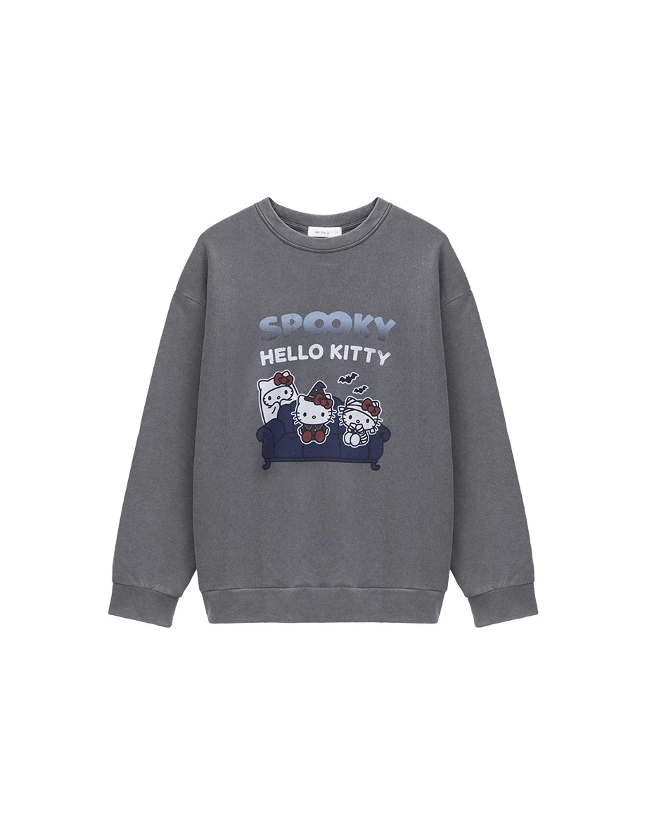 【Hello Kitty】印花圓領長袖寬版水洗大學TEE 【Hello Kitty】印花圓領長袖寬版水洗大學TEE