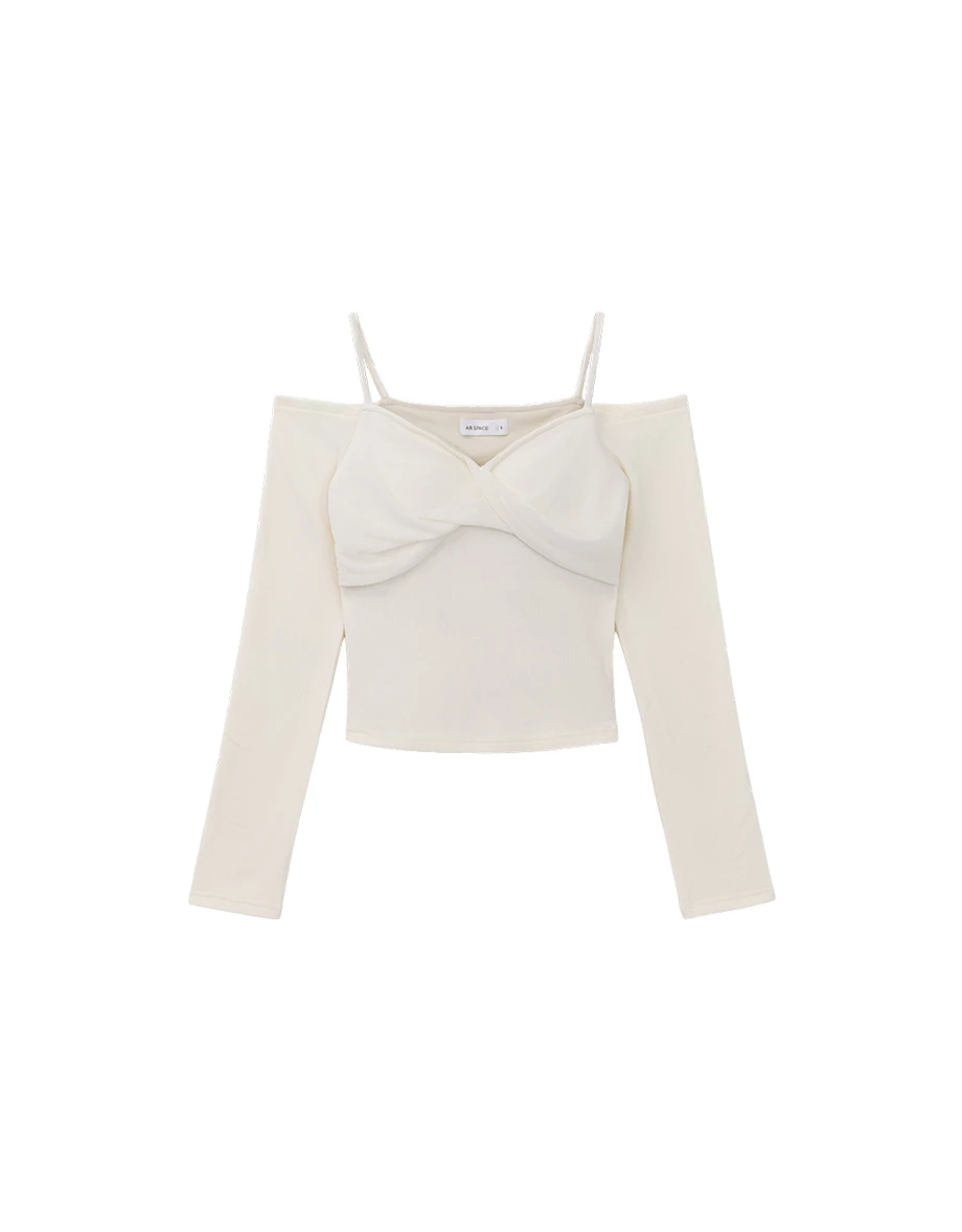 【Heat Tech】Twist Front Cold Shoulder Long Sleeve Padded Bra Top