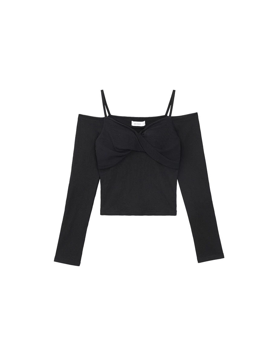 【Heat Tech】Twist Front Cold Shoulder Long Sleeve Padded Bra Top