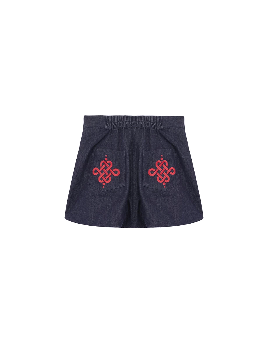 CNY Womens SKIRT With Huat High Waist Bubble Puffy Hem Jeans Denim Mini Skirt ( Matching with Qipao Cheongsam Top)