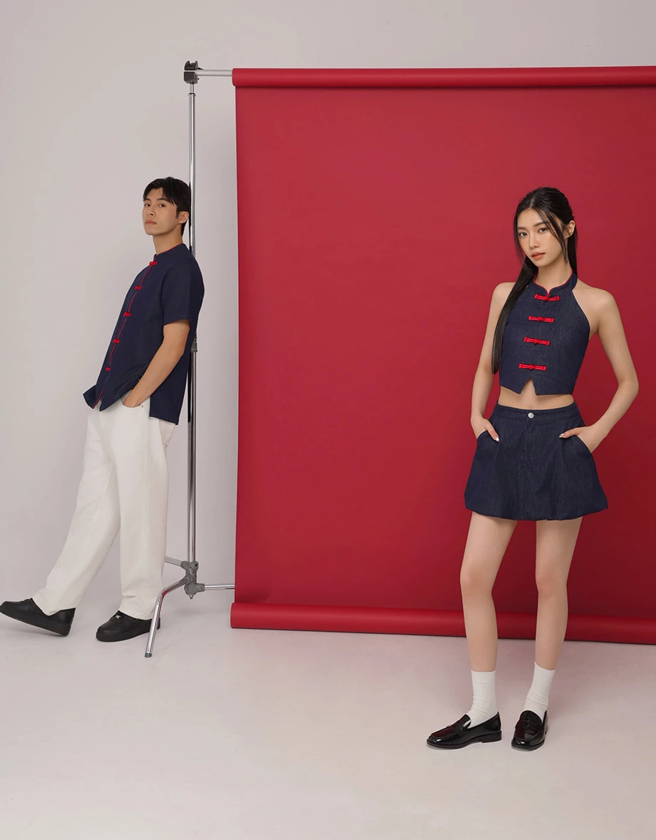 CNY Womens SKIRT With Huat High Waist Bubble Puffy Hem Jeans Denim Mini Skirt ( Matching with Qipao Cheongsam Top)