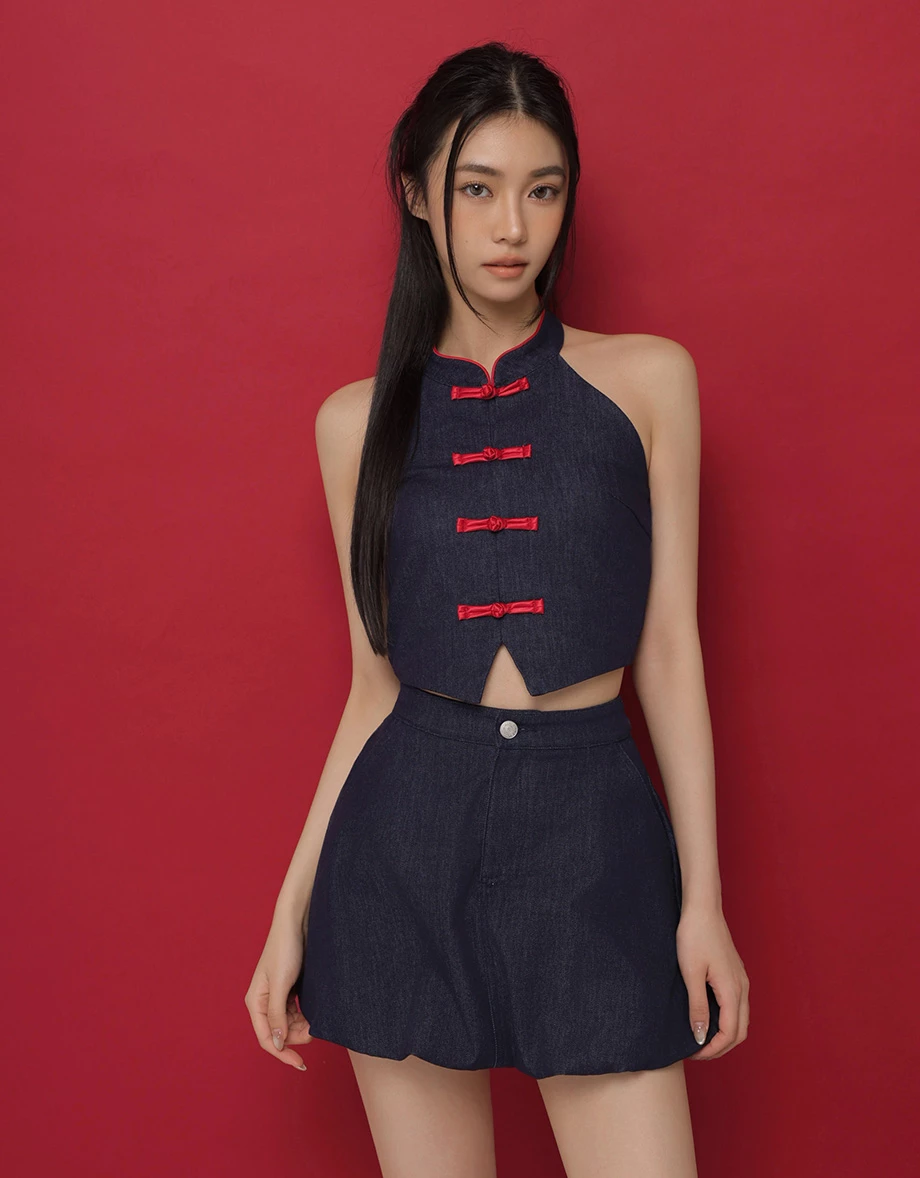CNY Womens SKIRT With Huat High Waist Bubble Puffy Hem Jeans Denim Mini Skirt ( Matching with Qipao Cheongsam Top)