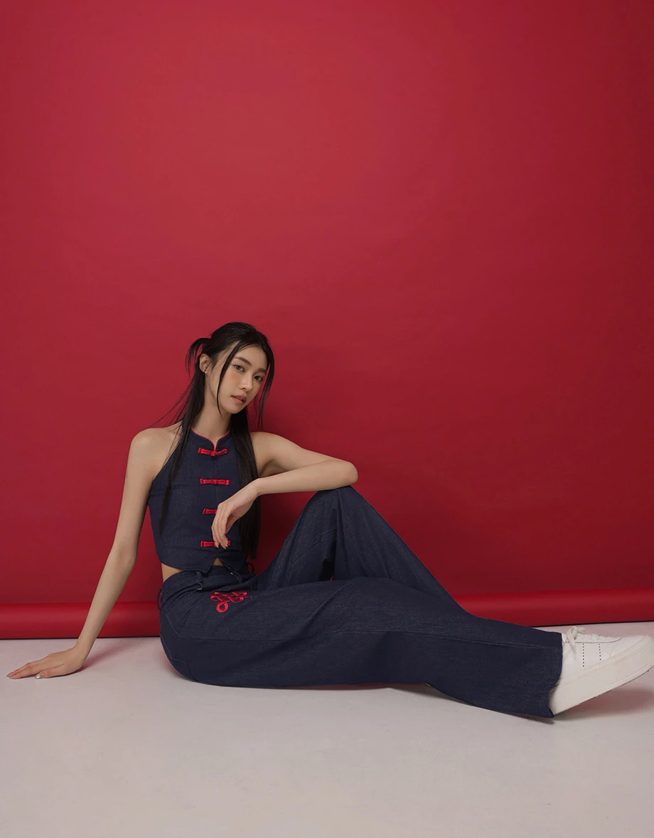 CNY Womens Jeans Pants With Huat Embroidert High Waist Wide Leg Denim  ( Matching with Qipao Cheongsam Top)