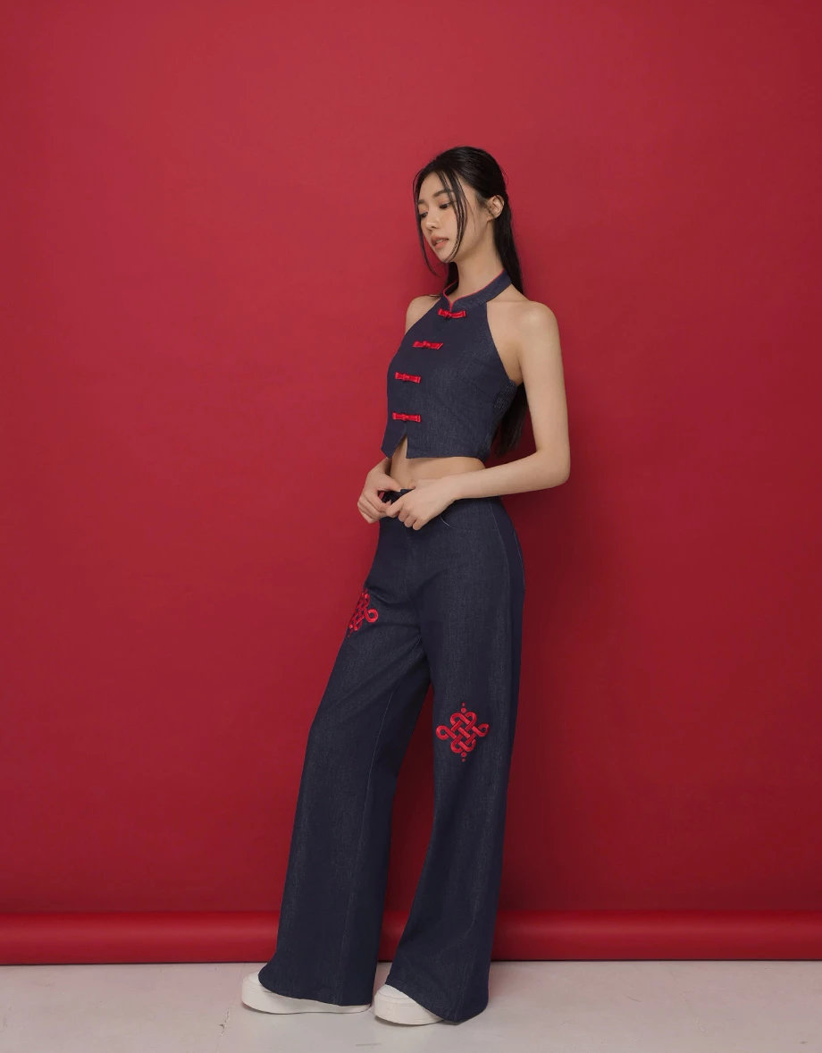 CNY Womens Jeans Pants With Huat Embroidert High Waist Wide Leg Denim  ( Matching with Qipao Cheongsam Top)