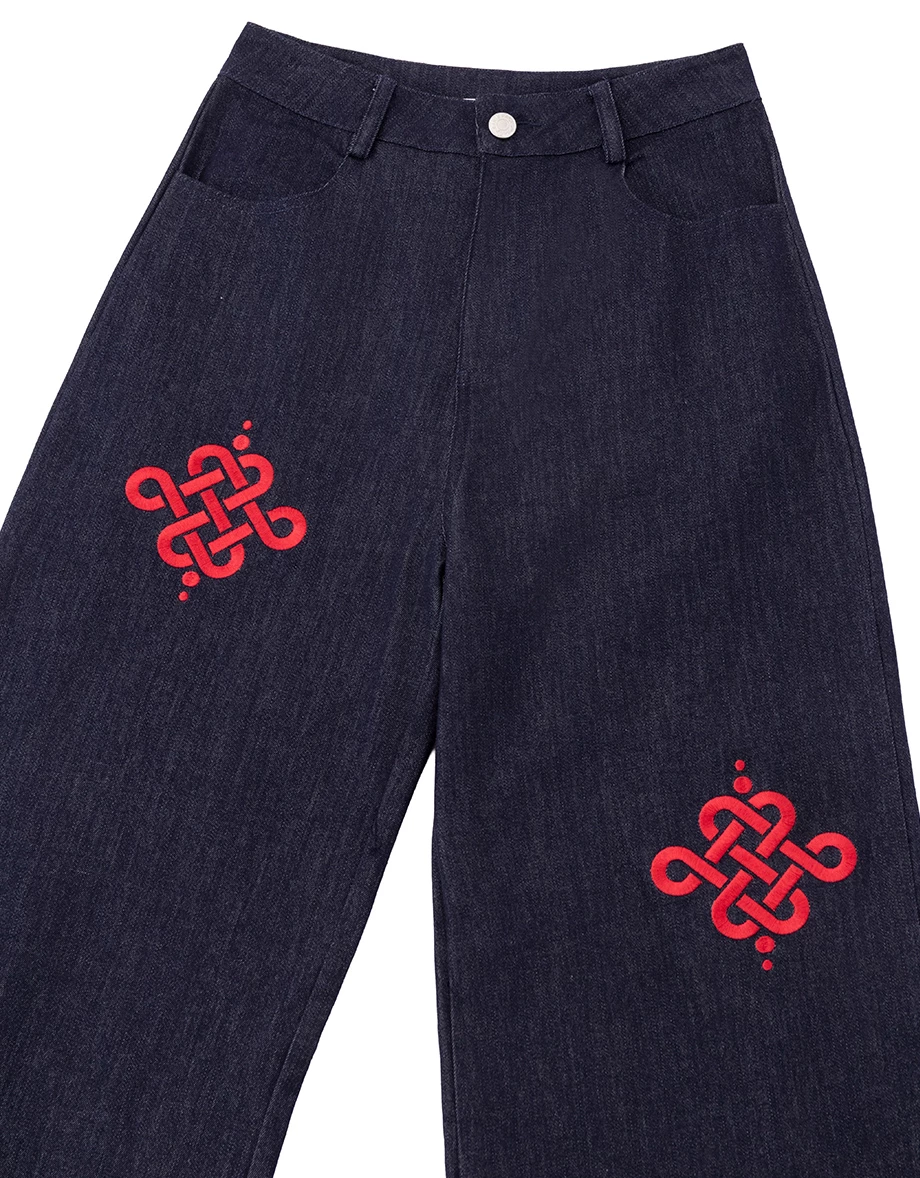 CNY Womens Jeans Pants With Huat Embroidert High Waist Wide Leg Denim  ( Matching with Qipao Cheongsam Top)