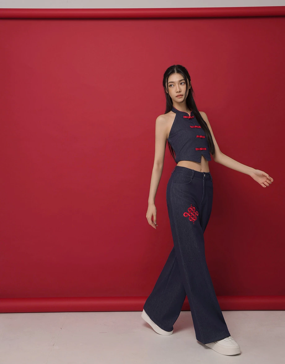 CNY Womens Jeans Pants With Huat Embroidert High Waist Wide Leg Denim  ( Matching with Qipao Cheongsam Top)