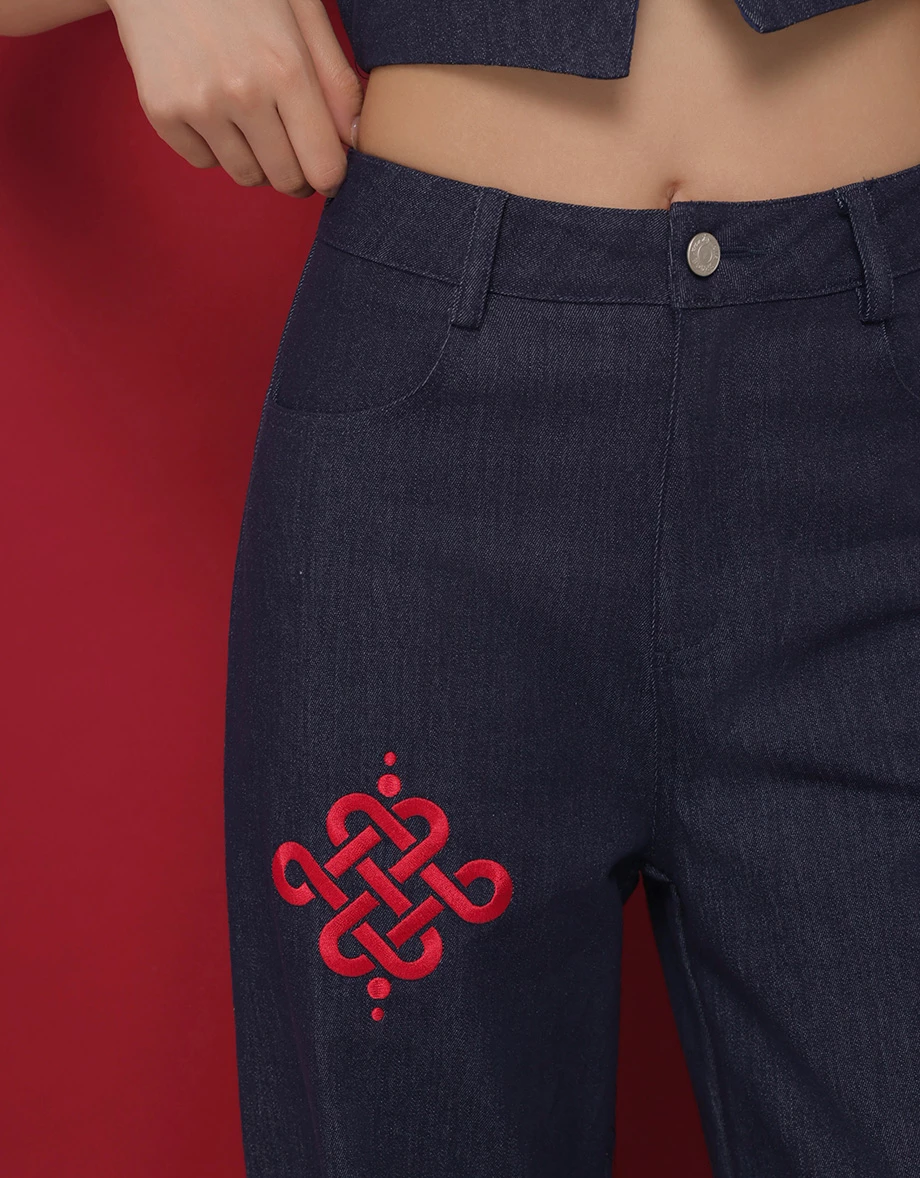 CNY Womens Jeans Pants With Huat Embroidert High Waist Wide Leg Denim  ( Matching with Qipao Cheongsam Top)