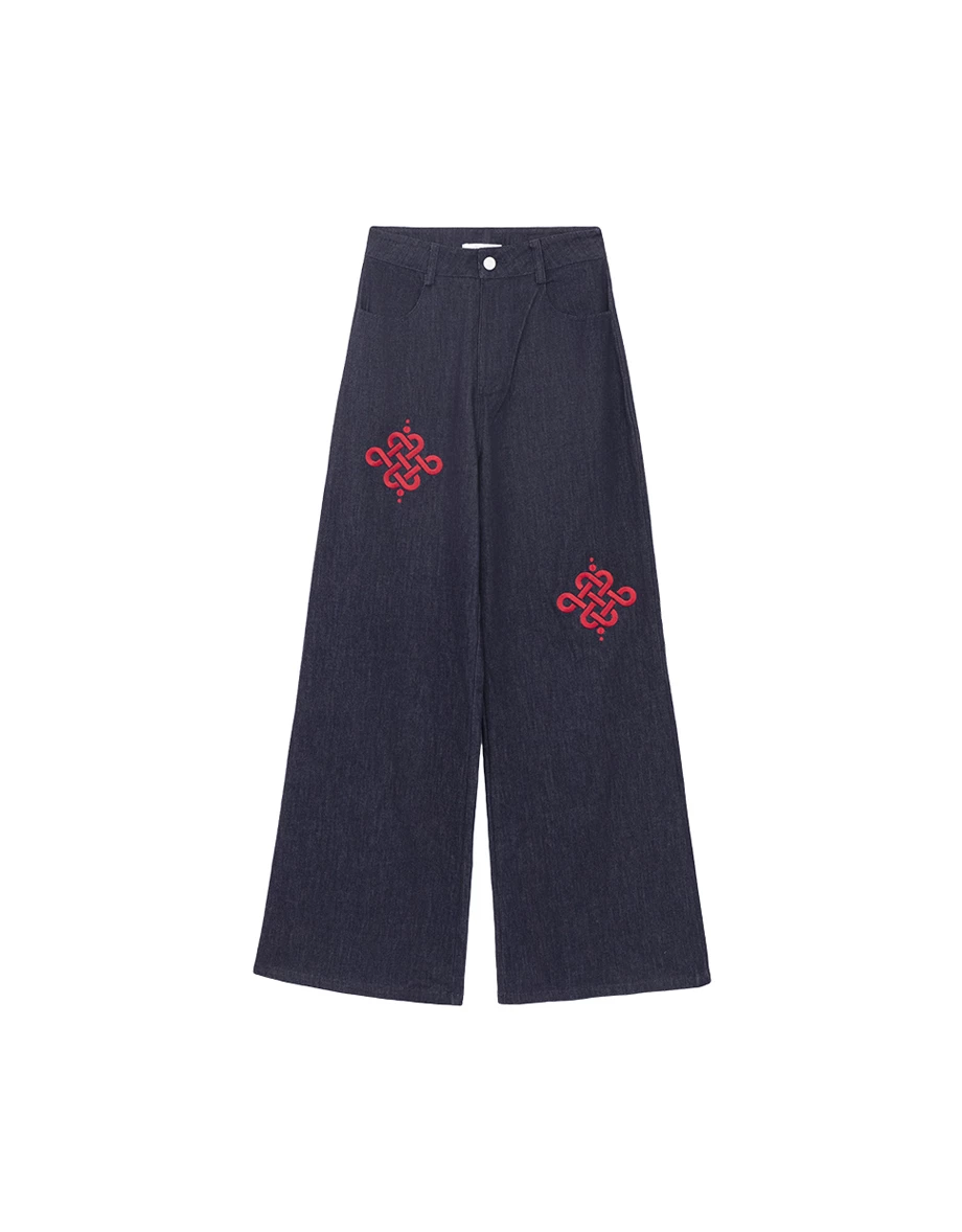 CNY Womens Jeans Pants With Huat Embroidert High Waist Wide Leg Denim  ( Matching with Qipao Cheongsam Top)
