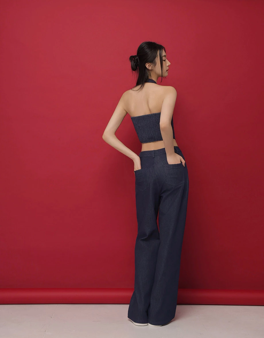 CNY Womens Jeans Pants With Huat Embroidert High Waist Wide Leg Denim  ( Matching with Qipao Cheongsam Top)