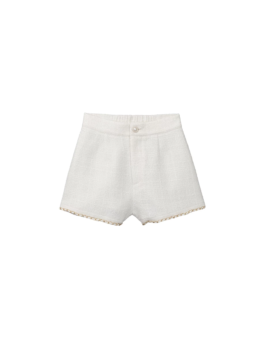 Chain Trim Hem Pearl Button High Waist Tweed Shorts Chain Trim Hem Pearl Button High Waist Tweed Shorts
