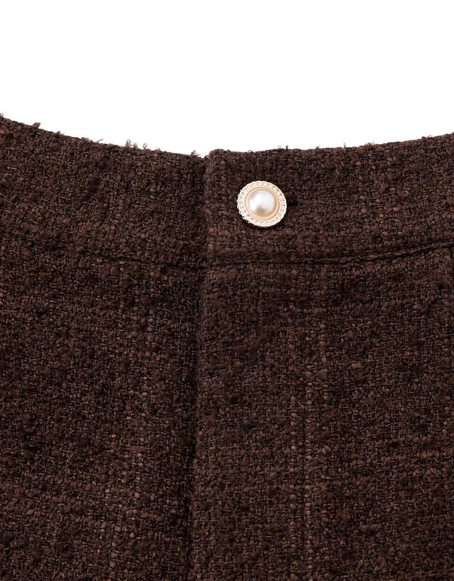 Chain Trim Hem Pearl Button High Waist Tweed Shorts Chain Trim Hem Pearl Button High Waist Tweed Shorts