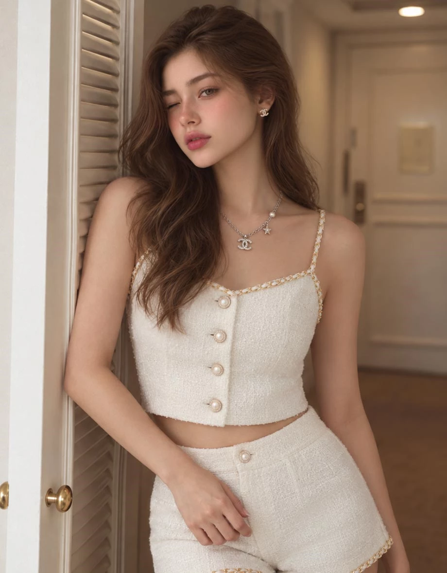 Chain Trim Hem Pearl Button High Waist Tweed Shorts Chain Trim Hem Pearl Button High Waist Tweed Shorts
