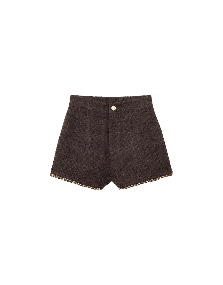 Chain Trim Hem Pearl Button High Waist Tweed Shorts Chain Trim Hem Pearl Button High Waist Tweed Shorts