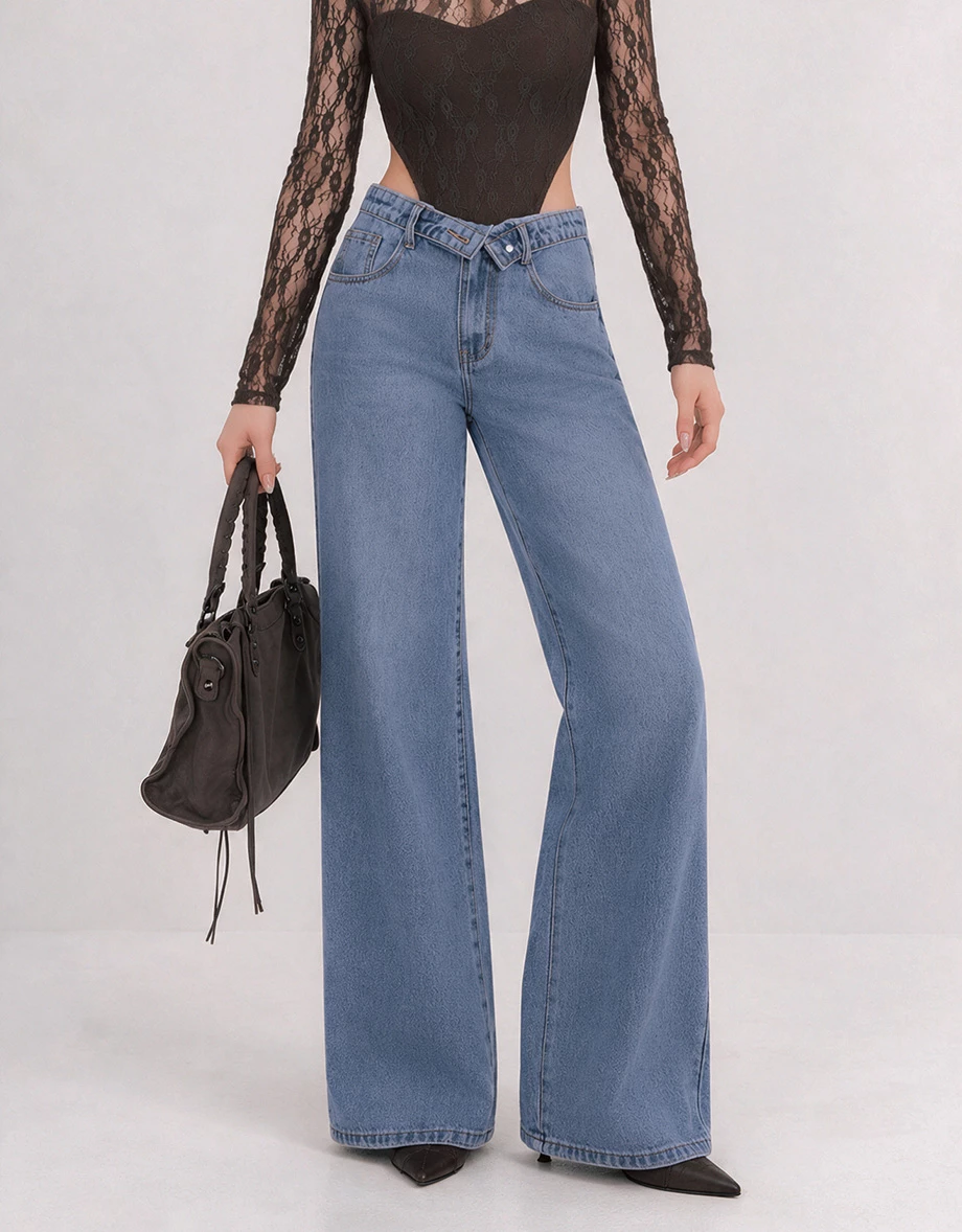 Low Waist Foldover Jeans Denim Wide Leg Pants Low Waist Foldover Jeans Denim Wide Leg Pants