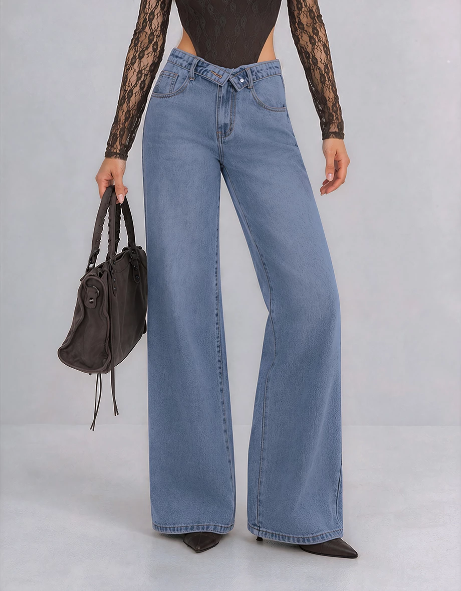 Low Waist Foldover Jeans Denim Wide Leg Pants