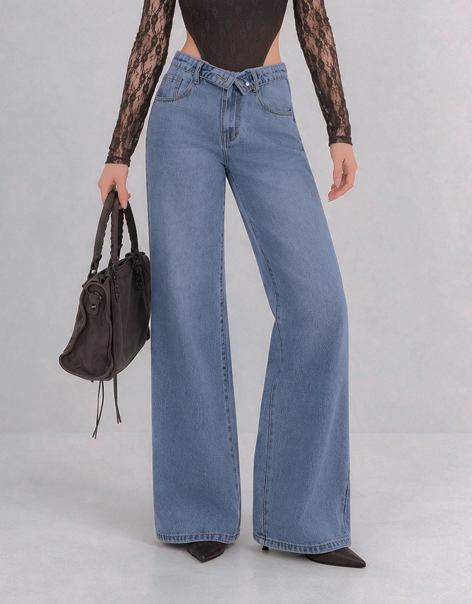 Low Waist Foldover Jeans Denim Wide Leg Pants Low Waist Foldover Jeans Denim Wide Leg Pants