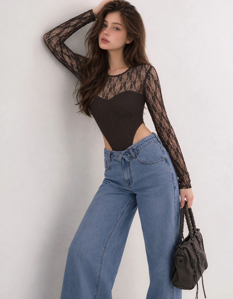 Low Waist Foldover Jeans Denim Wide Leg Pants Low Waist Foldover Jeans Denim Wide Leg Pants