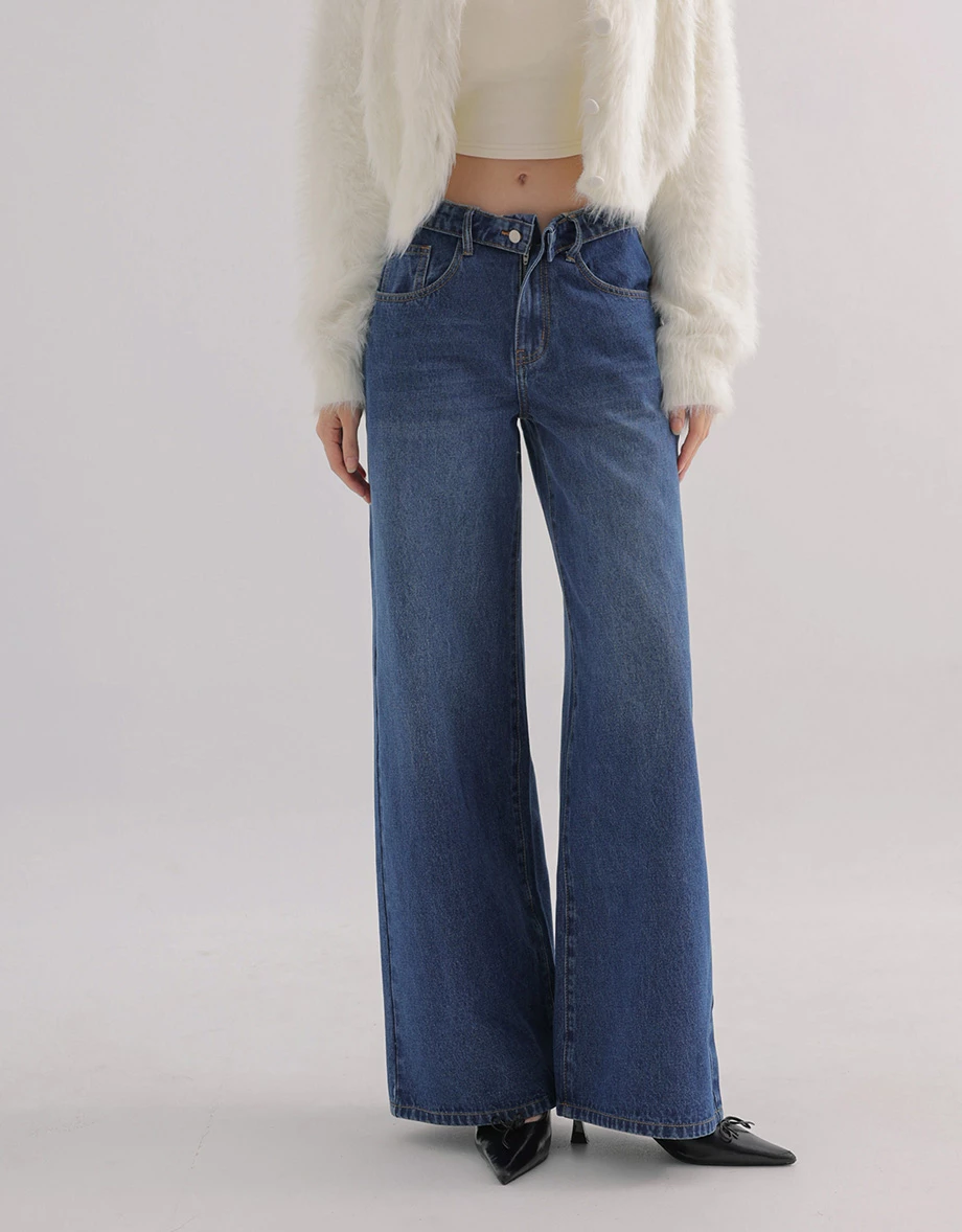 Low Waist Foldover Jeans Denim Wide Leg Pants Low Waist Foldover Jeans Denim Wide Leg Pants