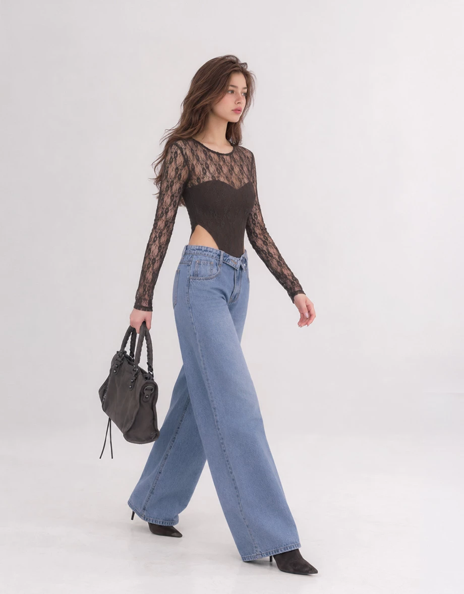 Low Waist Foldover Jeans Denim Wide Leg Pants Low Waist Foldover Jeans Denim Wide Leg Pants
