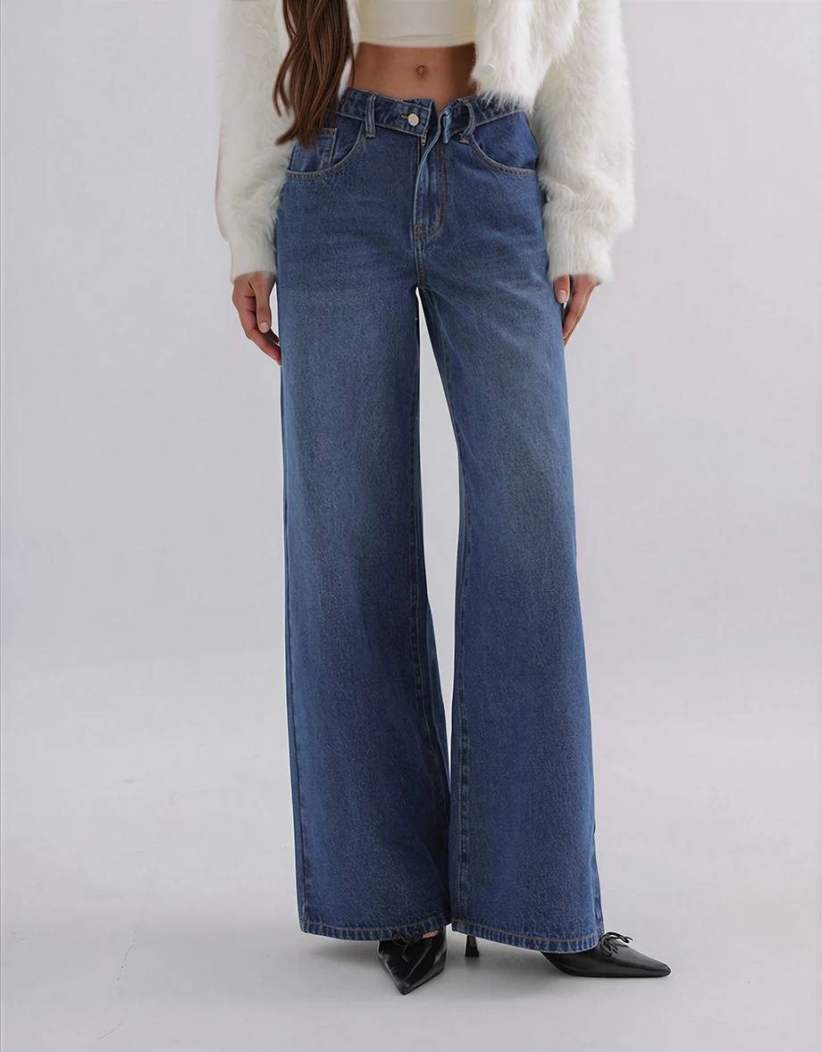 Low Waist Foldover Jeans Denim Wide Leg Pants