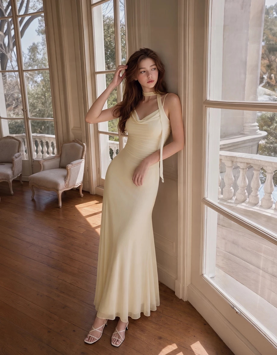 AIRY HOURGLASS Scarf Tie Draped Neckline Adjustable Strap Ruched Mesh Overlay Padded Maxi Dress AIRY HOURGLASS Scarf Tie Draped Neckline Adjustable Strap Ruched Mesh Overlay Padded Maxi Dress