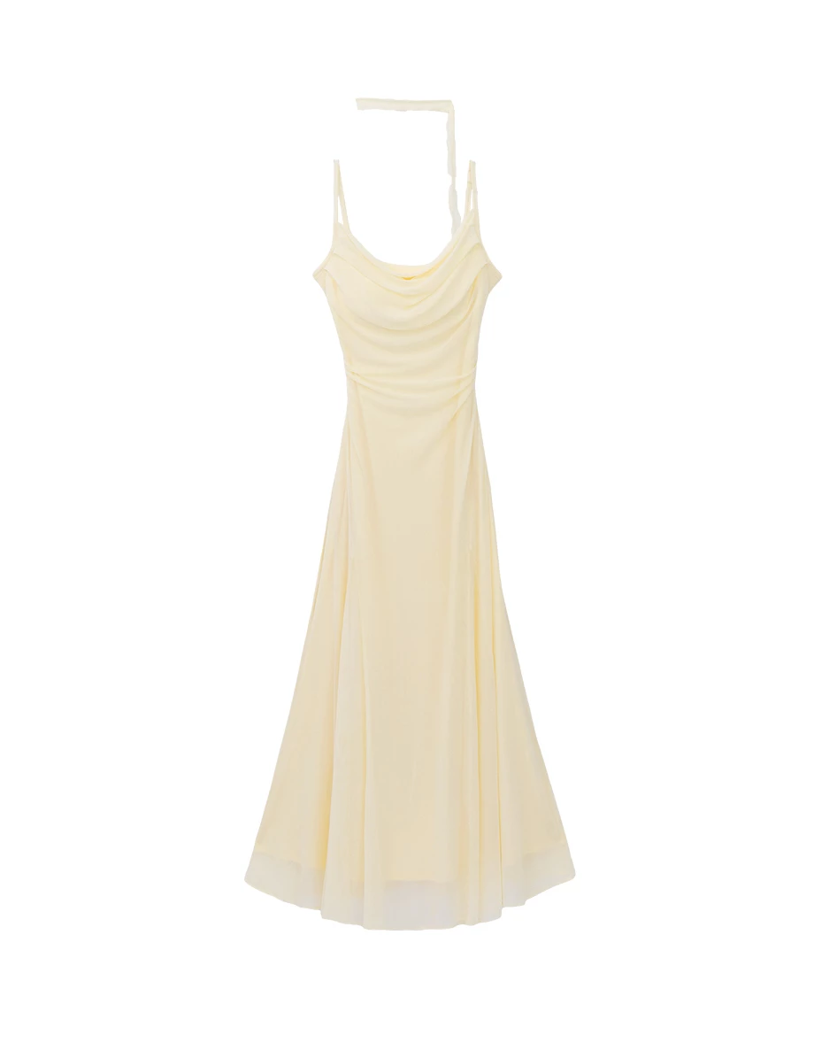 AIRY HOURGLASS Scarf Tie Draped Neckline Adjustable Strap Ruched Mesh Overlay Padded Maxi Dress AIRY HOURGLASS Scarf Tie Draped Neckline Adjustable Strap Ruched Mesh Overlay Padded Maxi Dress