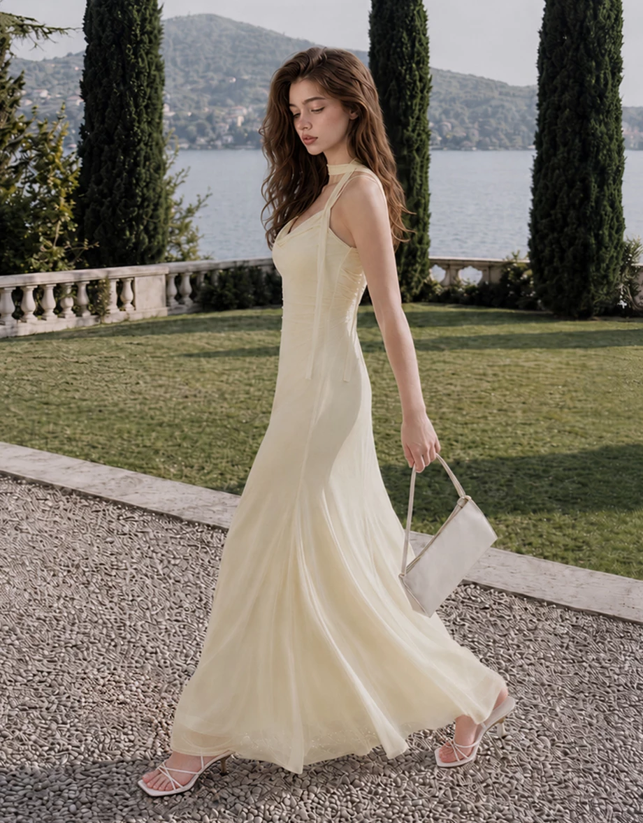 AIRY HOURGLASS Scarf Tie Draped Neckline Adjustable Strap Ruched Mesh Overlay Padded Maxi Dress AIRY HOURGLASS Scarf Tie Draped Neckline Adjustable Strap Ruched Mesh Overlay Padded Maxi Dress