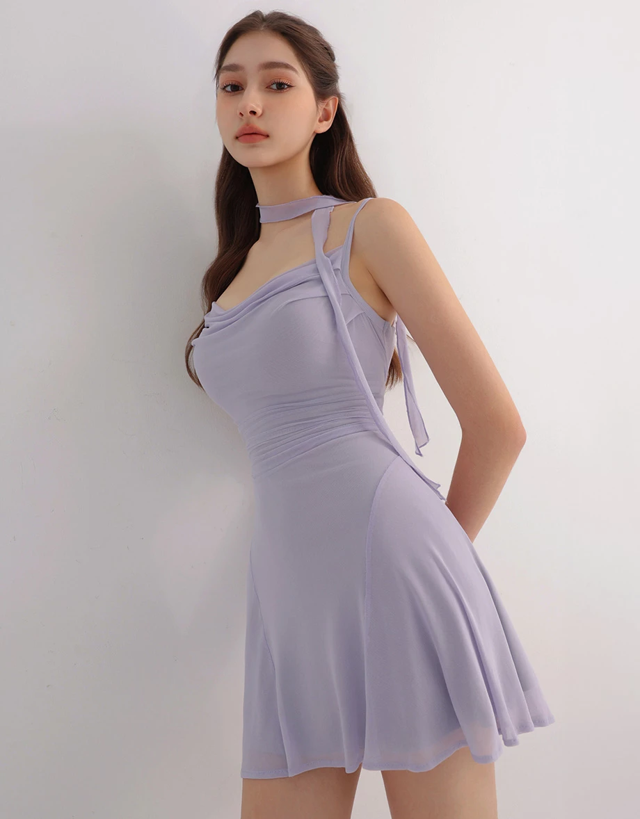 AIRY HOURGLASS Scarf Tie Draped Neckline Adjustable Strap Ruched Mesh Overlay Padded Mini Dress AIRY HOURGLASS Scarf Tie Draped Neckline Adjustable Strap Ruched Mesh Overlay Padded Mini Dress
