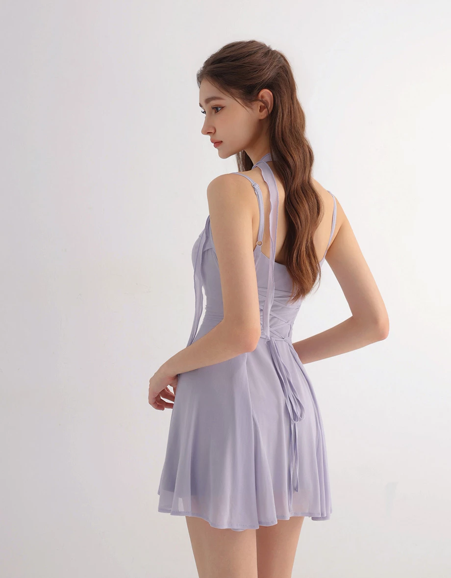 AIRY HOURGLASS Scarf Tie Draped Neckline Adjustable Strap Ruched Mesh Overlay Padded Mini Dress AIRY HOURGLASS Scarf Tie Draped Neckline Adjustable Strap Ruched Mesh Overlay Padded Mini Dress