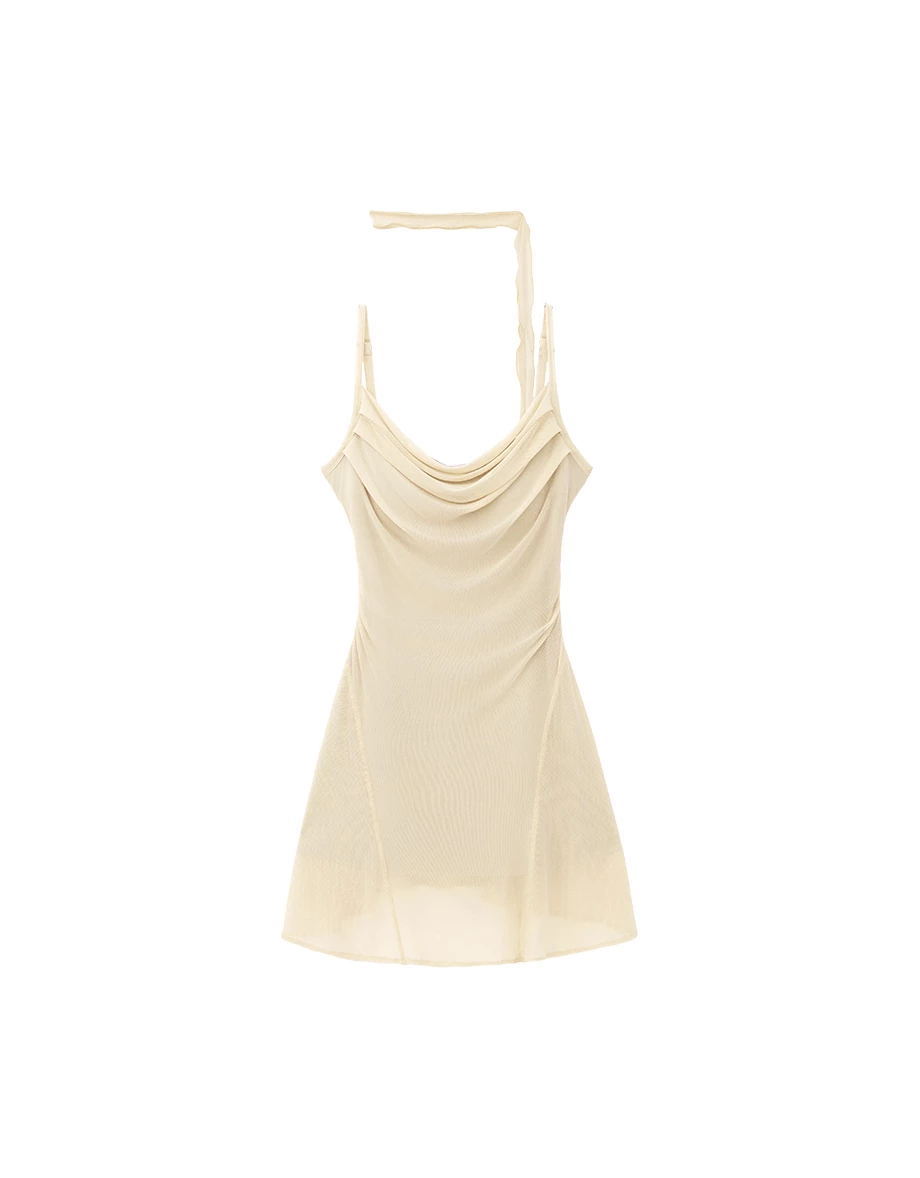 AIRY HOURGLASS Scarf Tie Draped Neckline Adjustable Strap Ruched Mesh Overlay Padded Mini Dress AIRY HOURGLASS Scarf Tie Draped Neckline Adjustable Strap Ruched Mesh Overlay Padded Mini Dress