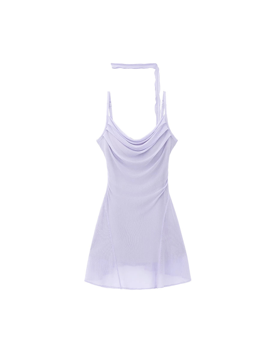 AIRY HOURGLASS Scarf Tie Draped Neckline Adjustable Strap Ruched Mesh Overlay Padded Mini Dress AIRY HOURGLASS Scarf Tie Draped Neckline Adjustable Strap Ruched Mesh Overlay Padded Mini Dress