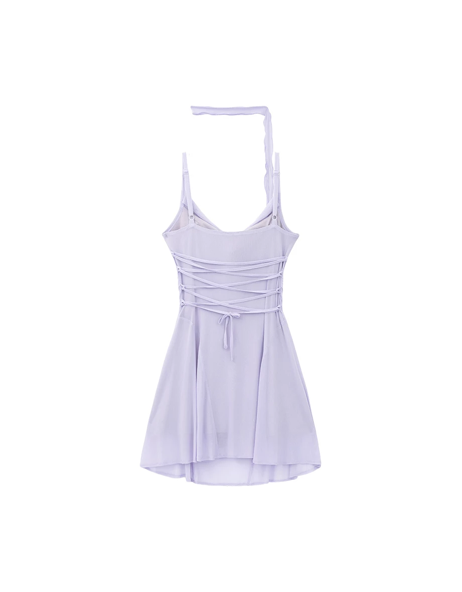 AIRY HOURGLASS Scarf Tie Draped Neckline Adjustable Strap Ruched Mesh Overlay Padded Mini Dress AIRY HOURGLASS Scarf Tie Draped Neckline Adjustable Strap Ruched Mesh Overlay Padded Mini Dress