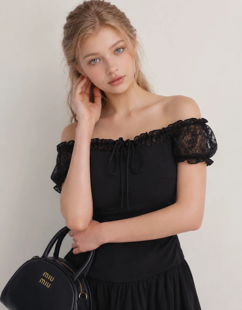 Off Shoulder Lace Sleeve Tie Front Tiered Ruffle Padded Mini Dress Off Shoulder Lace Sleeve Tie Front Tiered Ruffle Padded Mini Dress