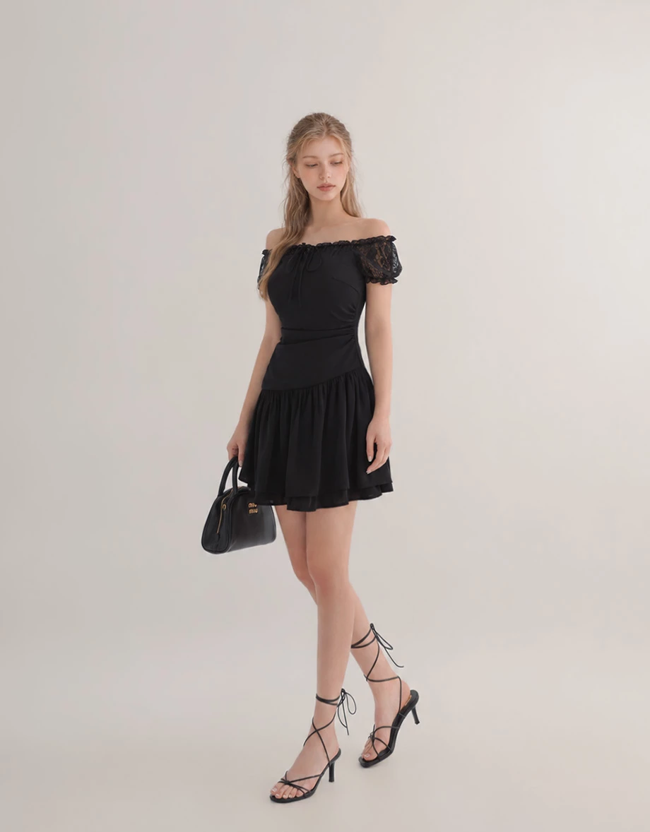 Off Shoulder Lace Sleeve Tie Front Tiered Ruffle Padded Mini Dress Off Shoulder Lace Sleeve Tie Front Tiered Ruffle Padded Mini Dress