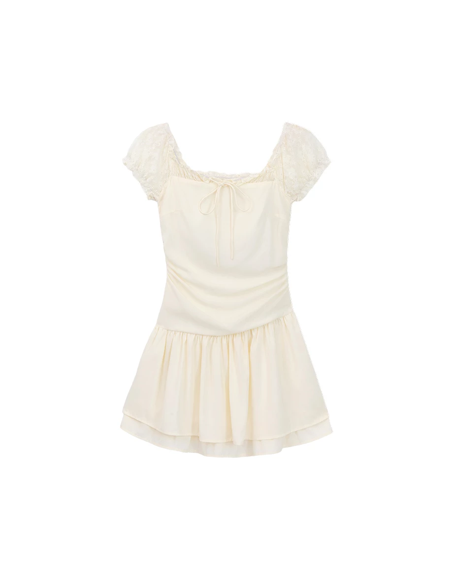 Off Shoulder Lace Sleeve Tie Front Tiered Ruffle Padded Mini Dress Off Shoulder Lace Sleeve Tie Front Tiered Ruffle Padded Mini Dress