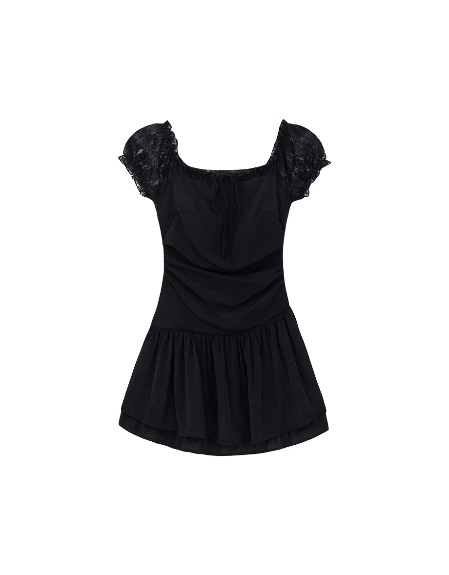 Off Shoulder Lace Sleeve Tie Front Tiered Ruffle Padded Mini Dress Off Shoulder Lace Sleeve Tie Front Tiered Ruffle Padded Mini Dress