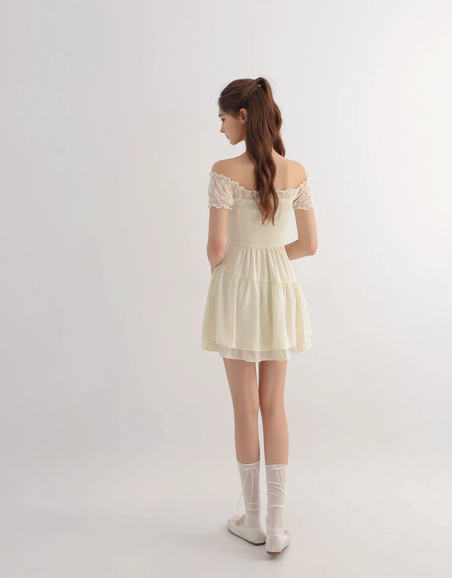 Off Shoulder Lace Sleeve Tie Front Tiered Ruffle Padded Mini Dress Off Shoulder Lace Sleeve Tie Front Tiered Ruffle Padded Mini Dress