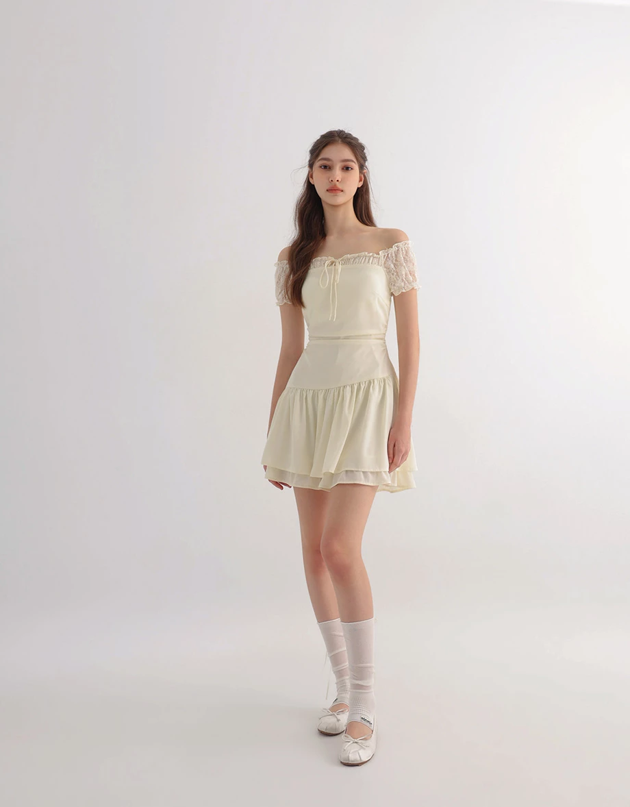 Off Shoulder Lace Sleeve Tie Front Tiered Ruffle Padded Mini Dress Off Shoulder Lace Sleeve Tie Front Tiered Ruffle Padded Mini Dress