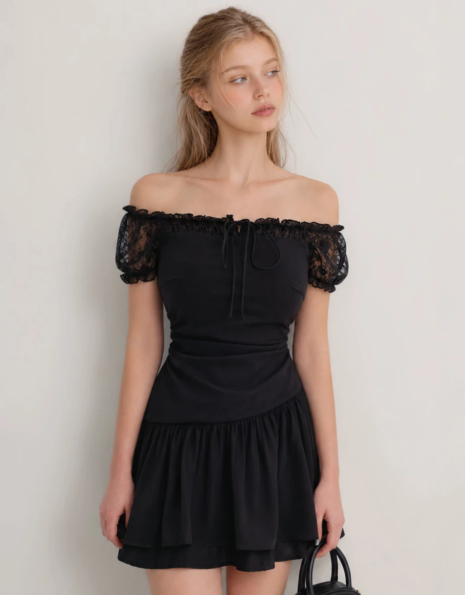 Off Shoulder Lace Sleeve Tie Front Tiered Ruffle Padded Mini Dress Off Shoulder Lace Sleeve Tie Front Tiered Ruffle Padded Mini Dress