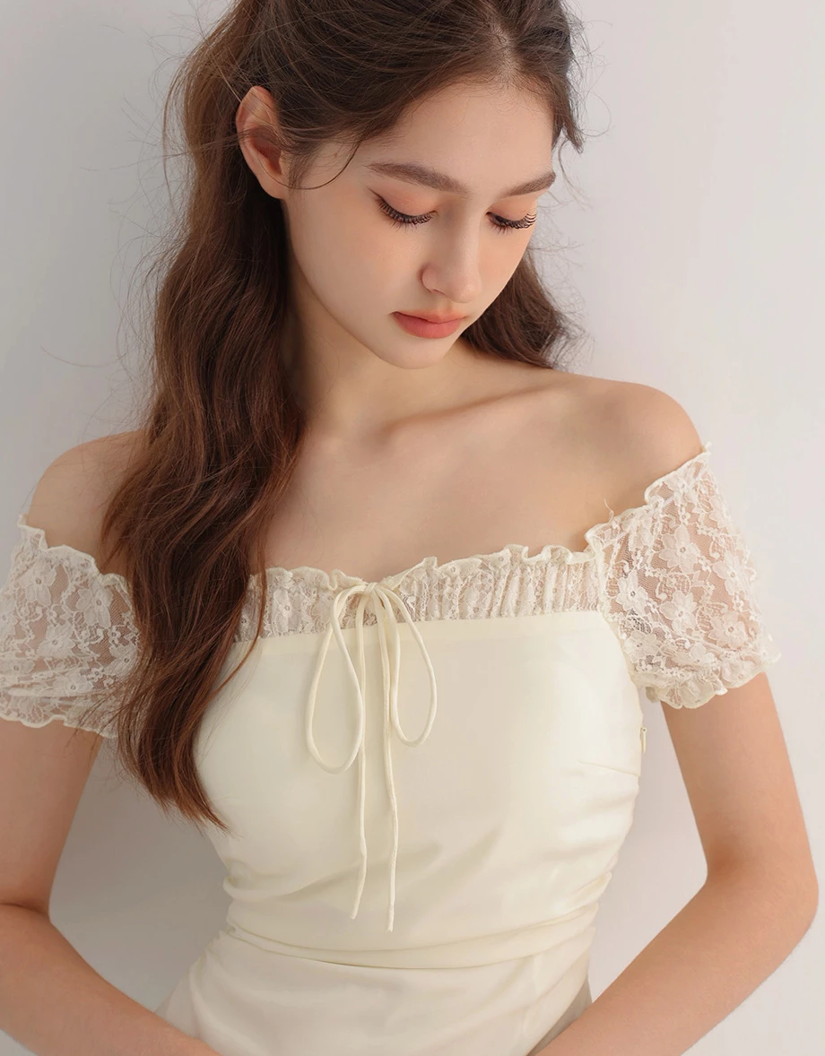 Off Shoulder Lace Sleeve Tie Front Tiered Ruffle Padded Mini Dress Off Shoulder Lace Sleeve Tie Front Tiered Ruffle Padded Mini Dress
