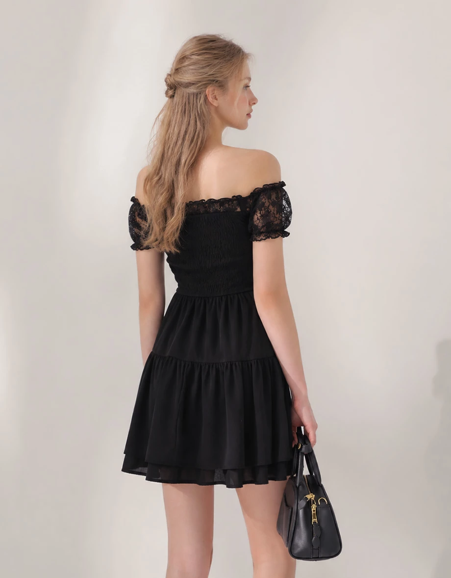 Off Shoulder Lace Sleeve Tie Front Tiered Ruffle Padded Mini Dress Off Shoulder Lace Sleeve Tie Front Tiered Ruffle Padded Mini Dress