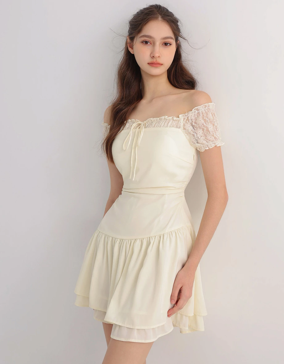 Off Shoulder Lace Sleeve Tie Front Tiered Ruffle Padded Mini Dress Off Shoulder Lace Sleeve Tie Front Tiered Ruffle Padded Mini Dress