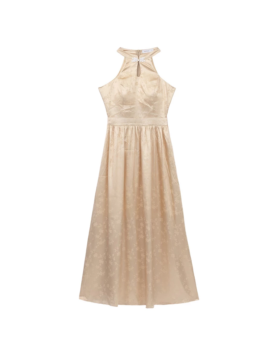 CNY Qipao Womens DRESS Porceline Style Bra Padded Halter Cheongsam Maxi Dinner Dress ( Removable Padding)