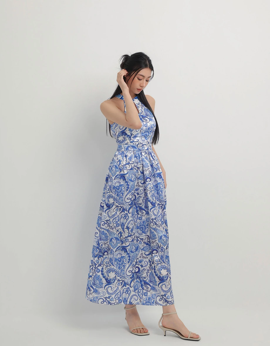 CNY Qipao Womens DRESS Porceline Style Bra Padded Halter Cheongsam Maxi Dinner Dress ( Removable Padding)