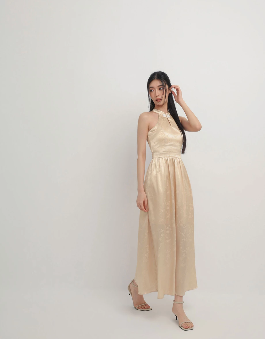 CNY Qipao Womens DRESS Porceline Style Bra Padded Halter Cheongsam Maxi Dinner Dress ( Removable Padding)